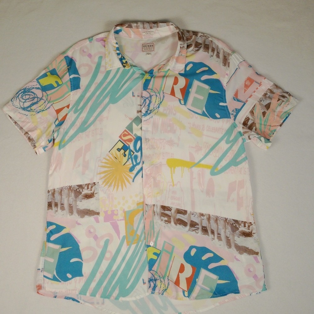 Guess Mens XL Slim Fit Short Sleeve Graffiti Tropical Print Rayon Shirt
